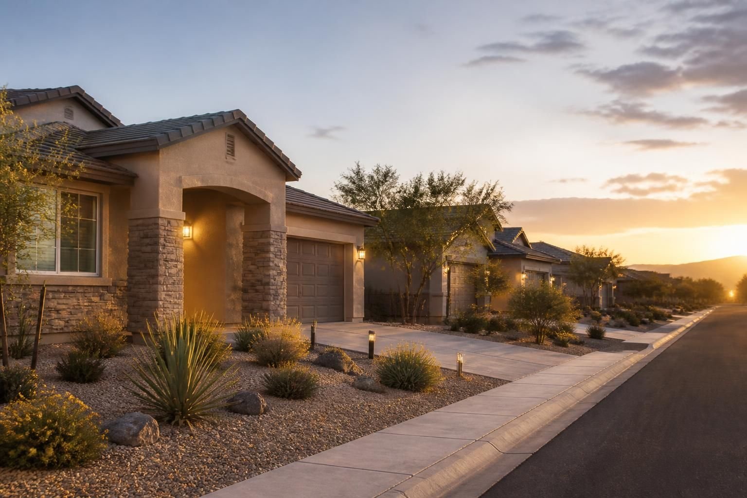 Modern suburban street with tidy desert yards.
