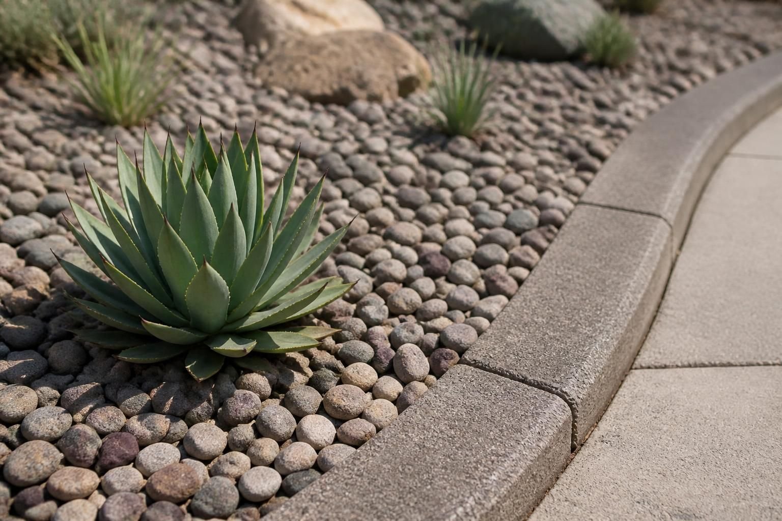 Decorative rock in a finished xeriscape border.