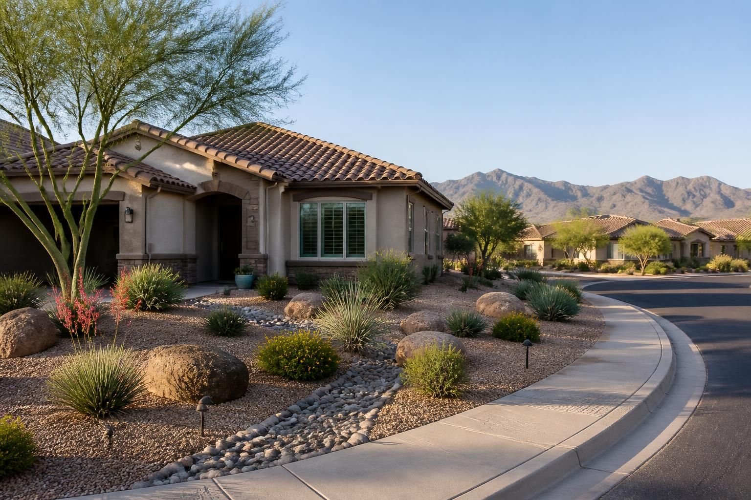 Suburban neighborhood with finished desert landscaping.