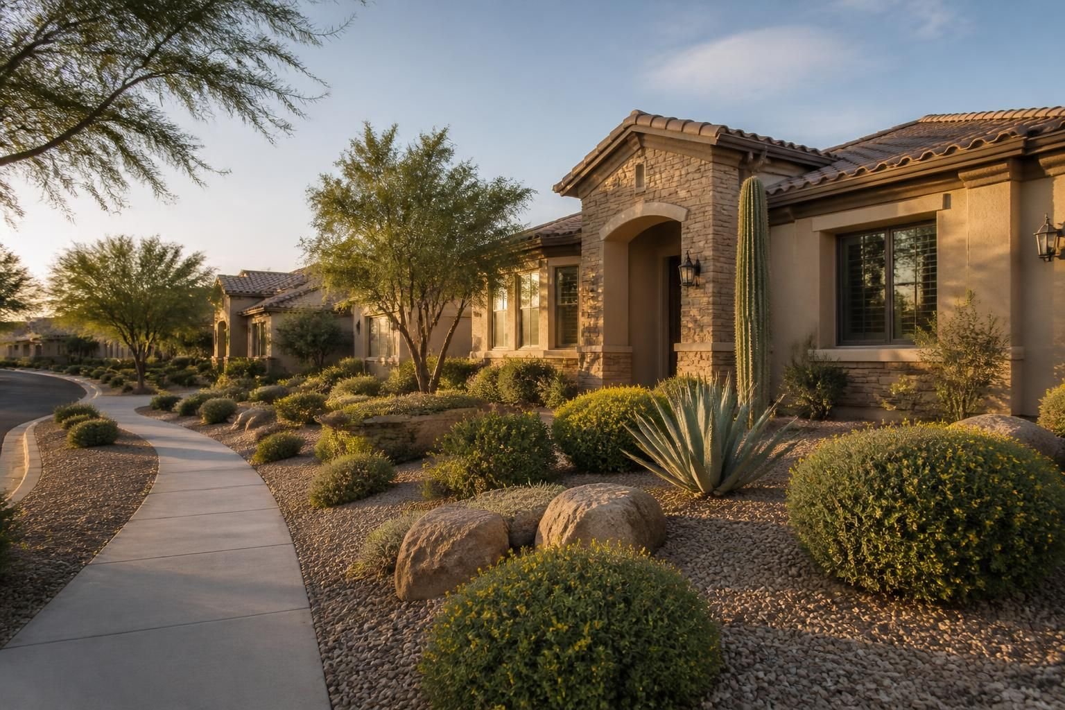 Well-kept neighborhood with mature desert landscaping.