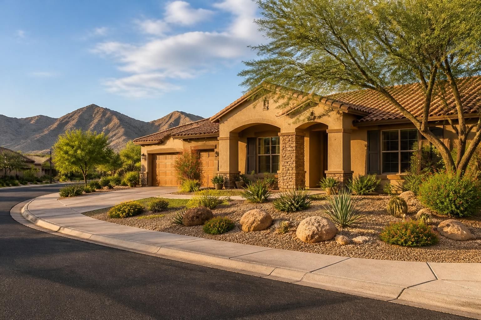Southwest suburb with polished desert landscaping.