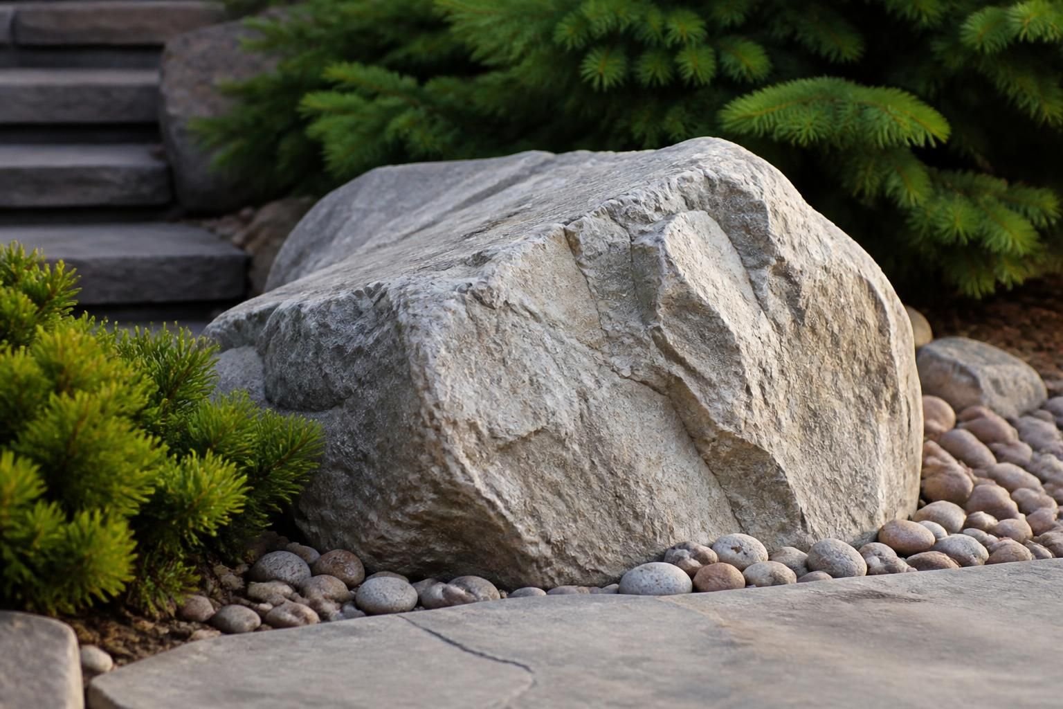 Large decorative boulders in a finished landscape.