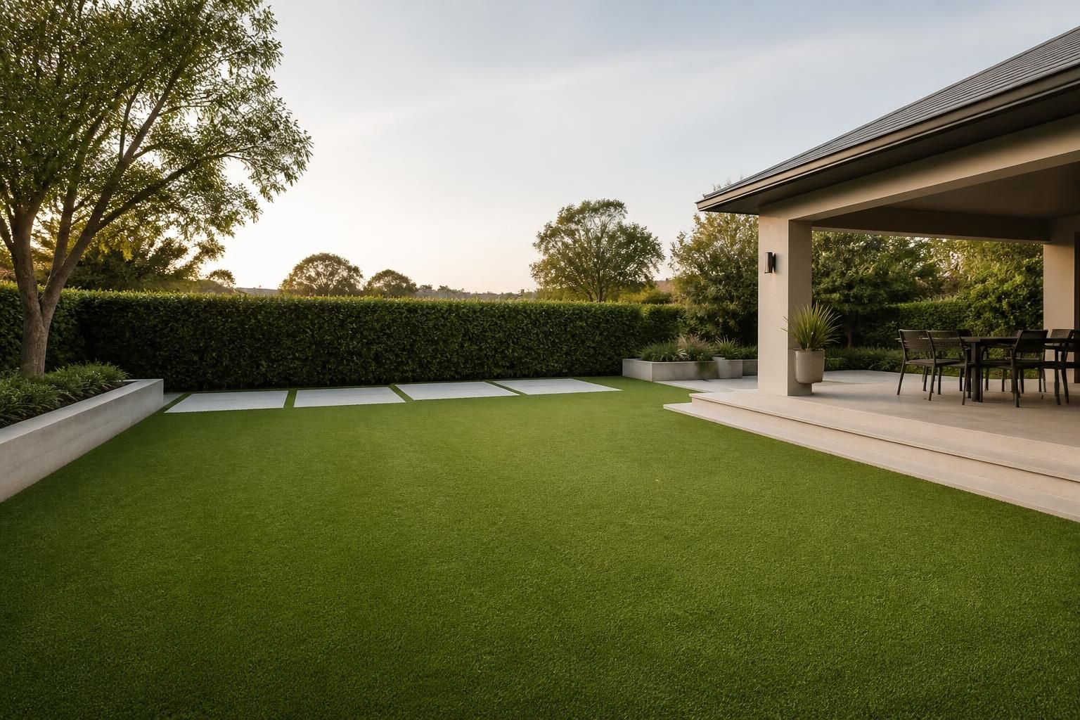 Finished landscape with turf, pavers, and open space.