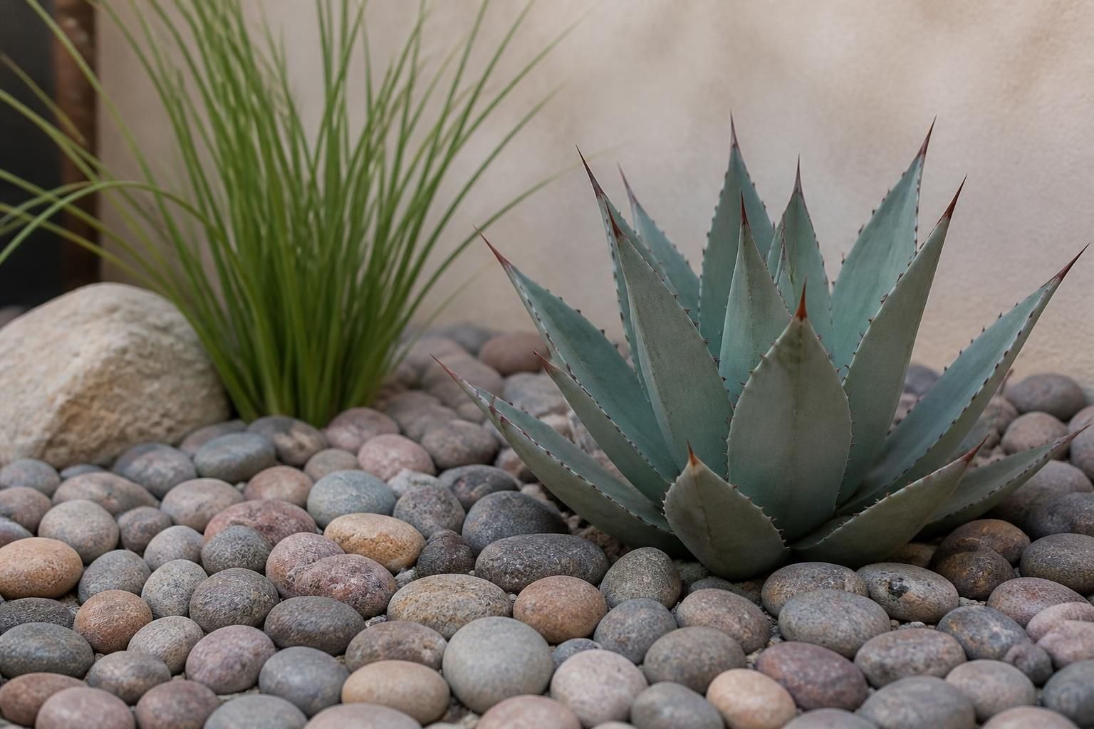 Smooth beach pebbles in a finished garden bed.