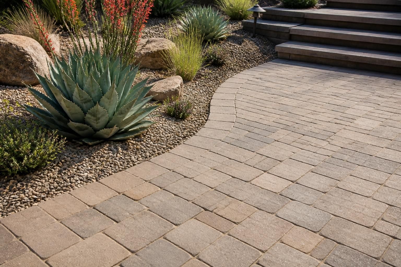 Finished paver patio in a clean desert landscape.