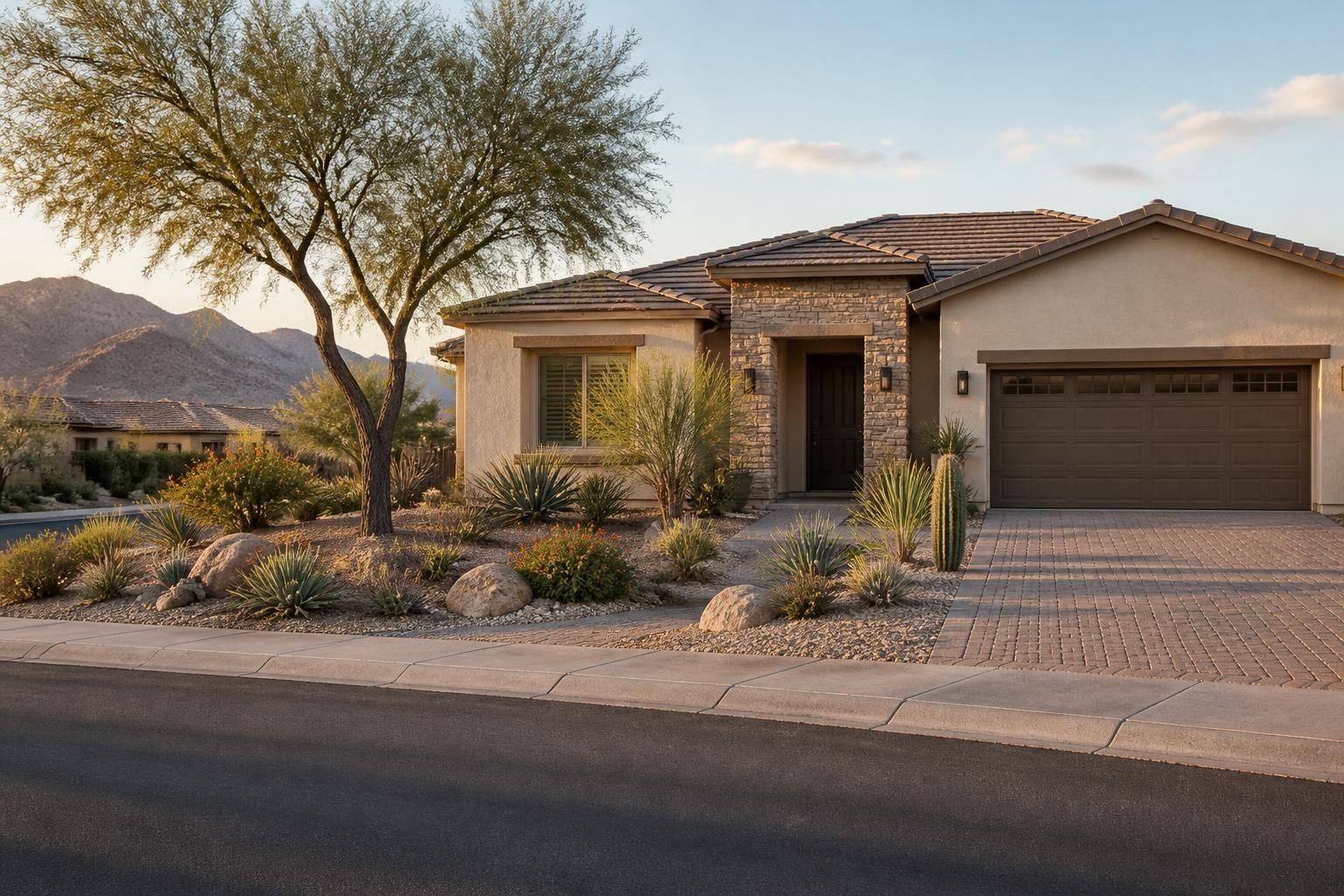 Suburban streetscape with clean xeriscape yards.