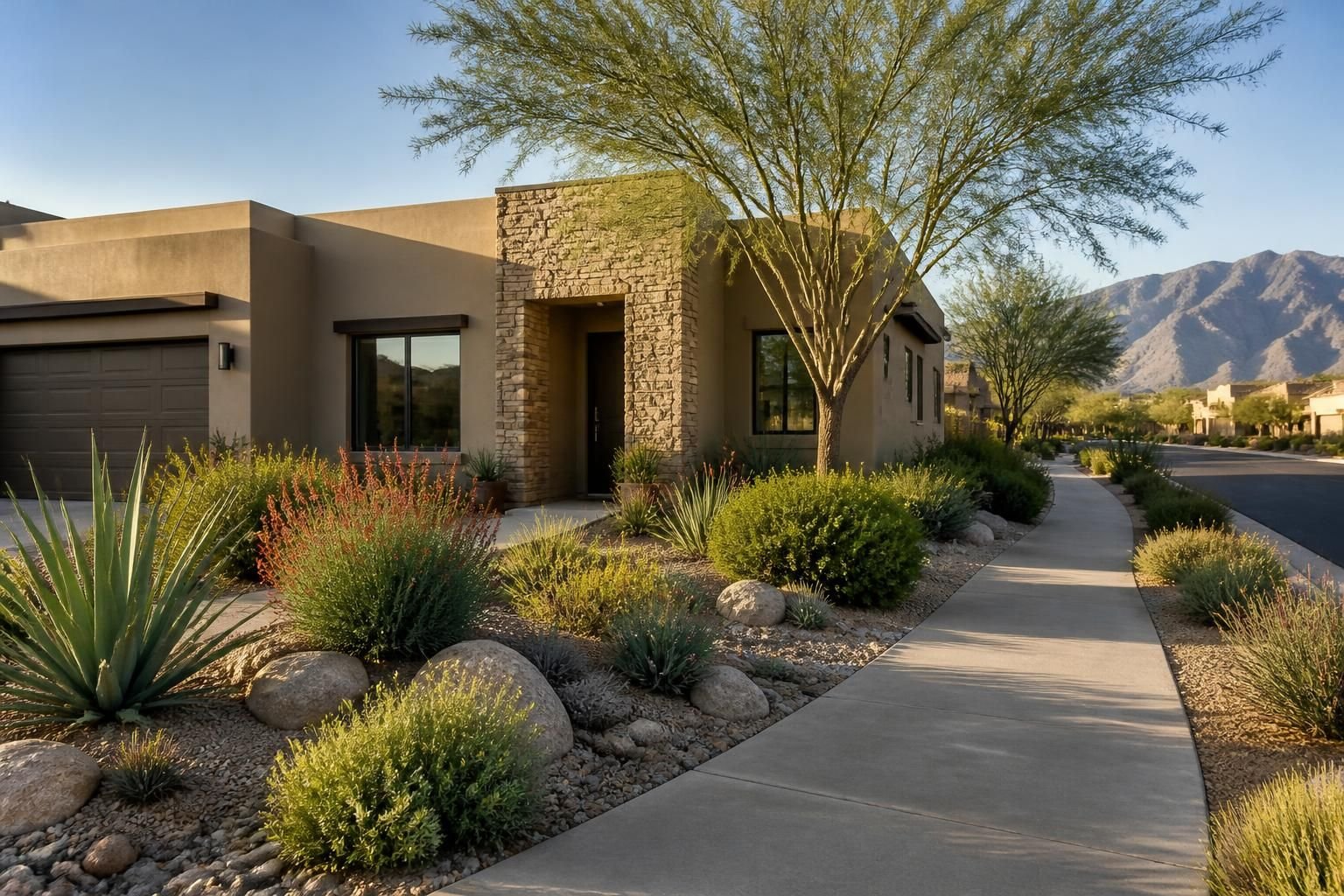Modern homes with xeriscape landscaping in Phoenix.