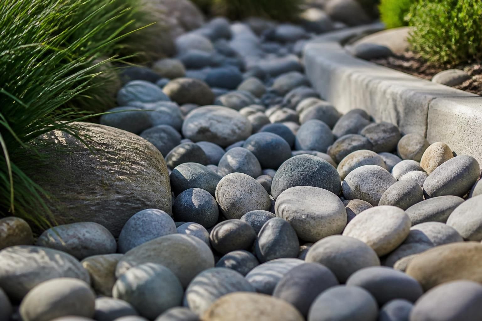 Smooth river rock in a finished landscape bed.