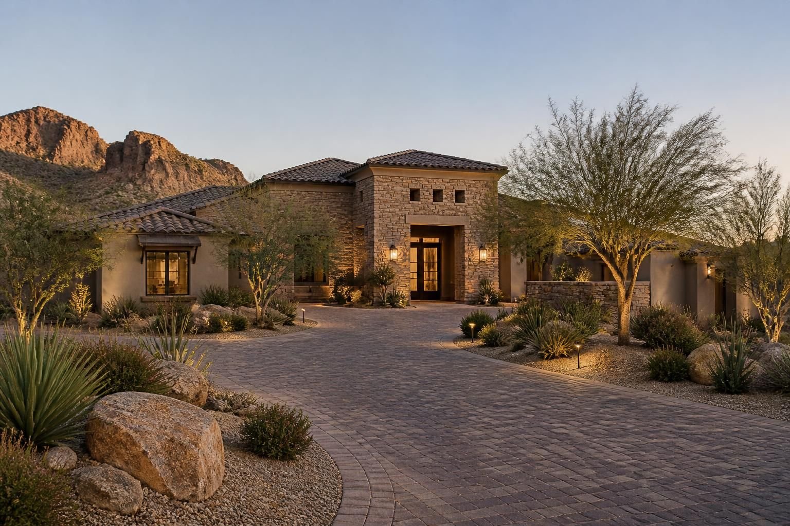 Upscale desert neighborhood with refined landscaping.