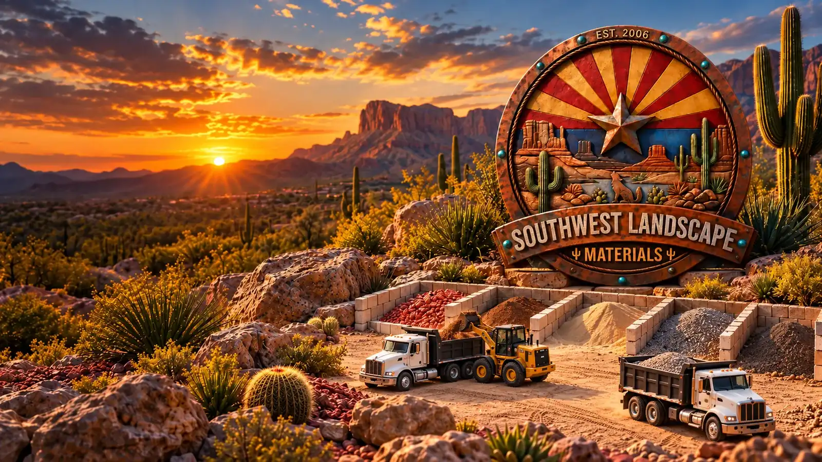 Southwest Landscape Materials sign above a desert supply yard with bins of rock, sand and gravel, dump trucks and a loader at sunset