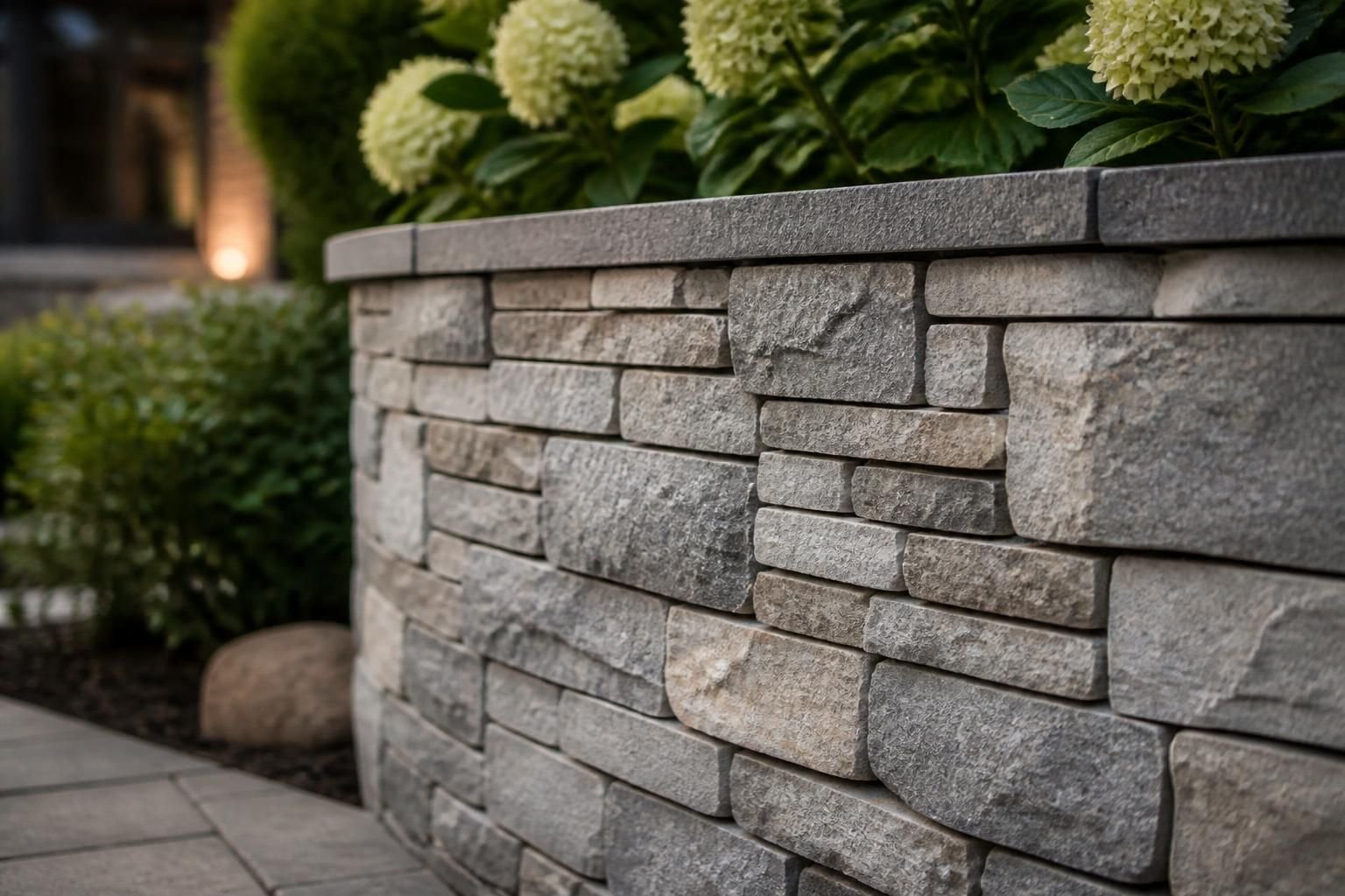 Stone veneer on a finished outdoor feature wall.