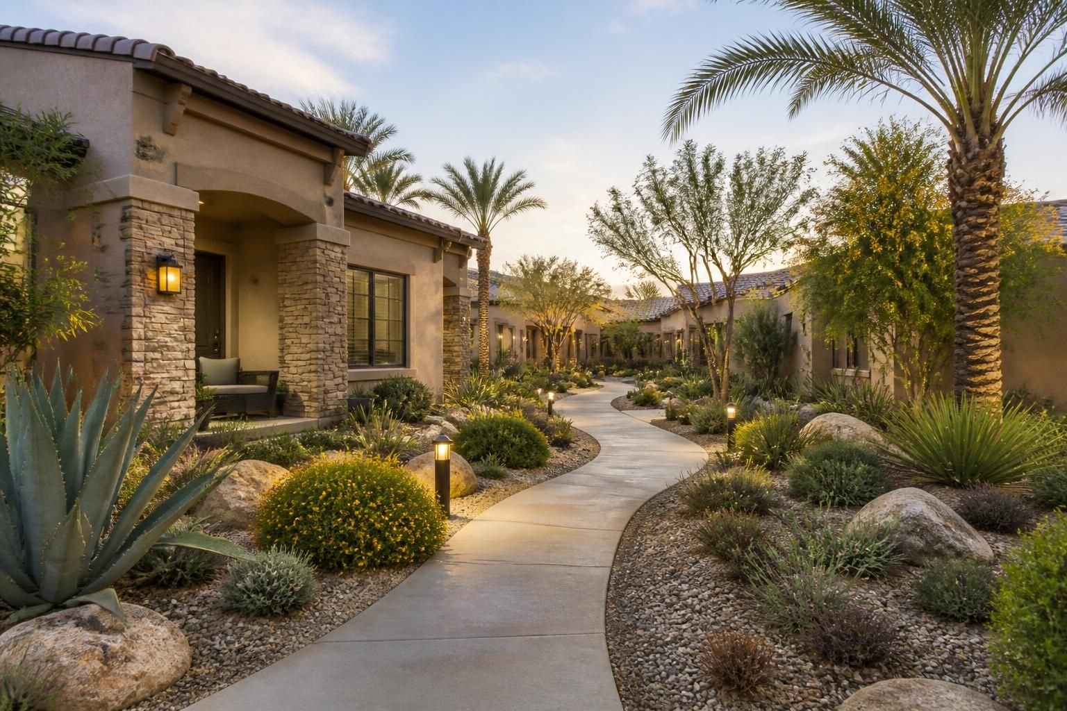 Residential community with calm desert landscaping.